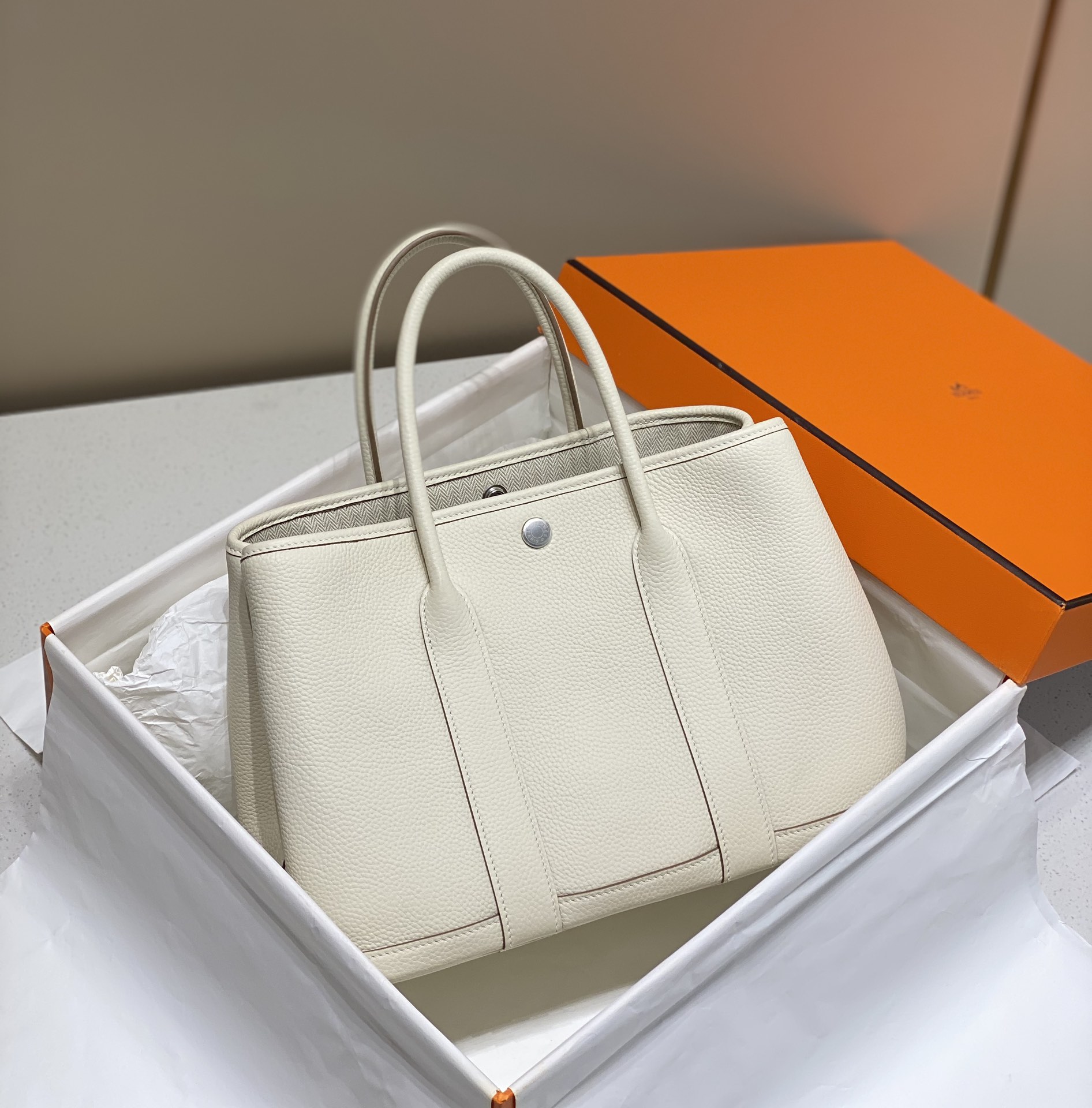 Hermes Garden Party 30cm Tote Handbag In Cream White Clemence Leather